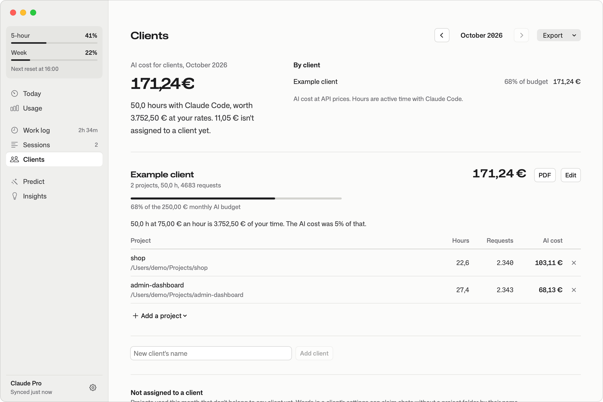 Plenty's clients screen with demo data